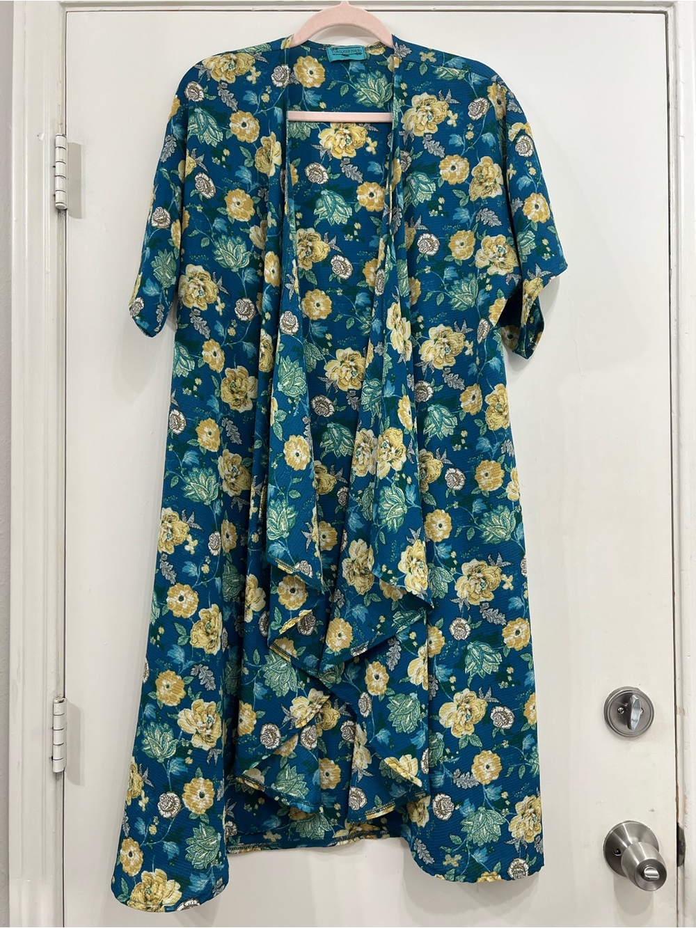 Turquoise Haven Floral Short Sleeve Kimono Duster Cover Up Open Front One Size